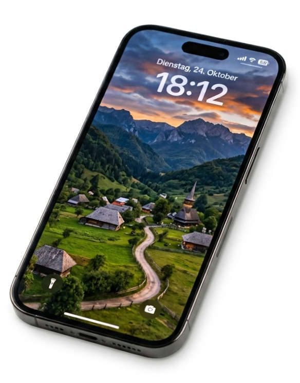 Schräg liegendes Smartphone mit gesperrtem Bildschirm, Bergdorf-Hintergrund und Uhrzeit 18:12
